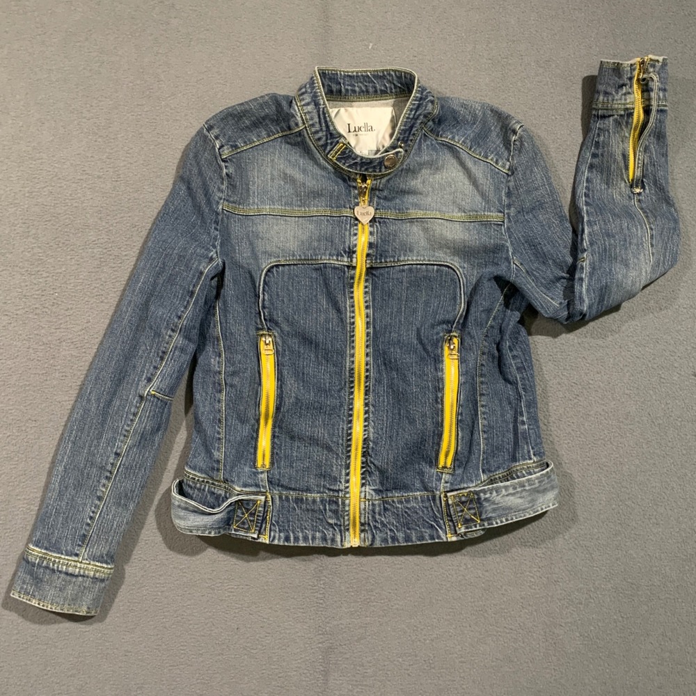 Luella for Target Denim Moto Jacket Blue Yellow Zip Heart Pull XL 2006 Collab